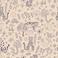 Seamless pattern with outline rainforest animals, birds and exotic plants on pink background. Hand drawn leopards, chameleon, monkey and snake. Vector illustration.