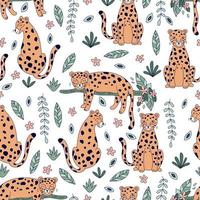 Seamless pattern with cute leopards on white background. Hand drawn doodle animals. Jungle plants and flowers. Vector illustration.