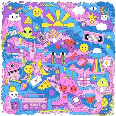 Cartoon vector doodles. Hand drawn abstract shapes, characters, retro and vintage objects. 80s - 90s trendy style illustration.