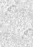 Vector seamless pattern with jungle animals leopards, monkey, snake, parrots, toucan and chameleon. Coloring page for children and adults. Black and white outline illustration. Hand drawn rainforest.