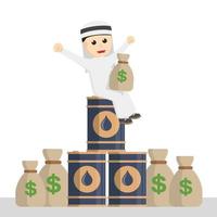 businessman arabian sitting in oil tank and money design character on white background vector