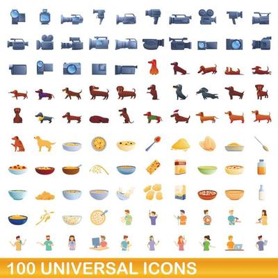100 universal icons set, cartoon style