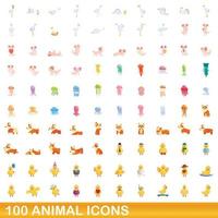 100 animales, conjunto de iconos de estilo de dibujos animados vector