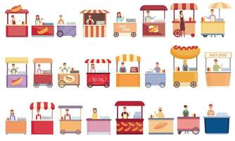 Hot dog seller icons set cartoon vector. Kiosk stand vector