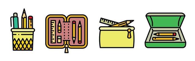 Pencil case icons set, outline style vector