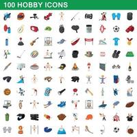 100 iconos de hobby, estilo de dibujos animados vector