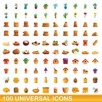 100 universal icons set, cartoon style vector