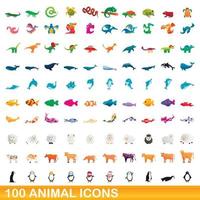 100 animales, conjunto de iconos de estilo de dibujos animados vector