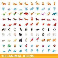 100 animal icons set, cartoon style vector