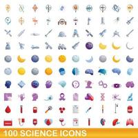 100 ciencia, conjunto de iconos de estilo de dibujos animados vector