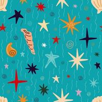 Seamless pattern with shells, corals, starfish on a blue background vector