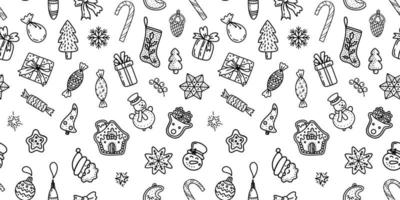 Set of creative black and white vector illustrations with various thematic Christmas icons forming abstract pattern