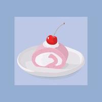 Pink cream roll with cherry. Japanese cake with cream. Korean dessert. Traditional sweet dessert vector illustration.