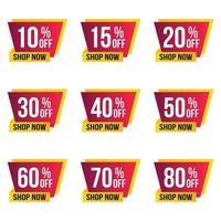 Sale tags set vector badges up to 10 off, 15,20,30,40,50,70,80 percent off shop now sale and discount offer banner design.