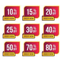 ordene ahora un conjunto de etiquetas de precio de descuento de etiqueta de porcentaje de descuento diferente. hasta 10,20,30,40,50,70,80 por ciento de descuento en vector de banner de oferta de venta y descuento