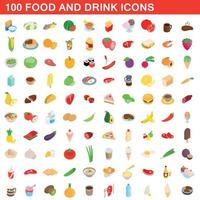 100 food and drink icons set, isometric 3d style vector