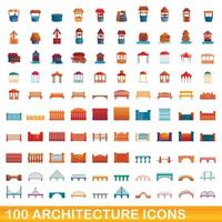 100 conjunto de iconos de arquitectura, estilo de dibujos animados vector