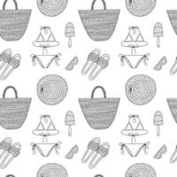 Doodle summer beach seamless pattern. Hand drawn vector beach bag, summer hat. bikini and sunglasses isolated on white background.