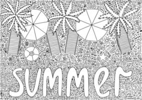 Summer beach coloring page top view. Vector hand drawn sunny beach top view with palms umbrellas and chaise lounges.