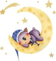 A set of cute watercolor illustrations with a koala sleeping on the moon and stars vector