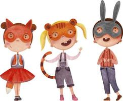 un conjunto de ilustraciones en acuarela con niños vestidos con disfraces de animales, un zorro, una liebre y un tigre vector