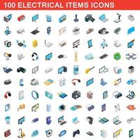 100 elementos eléctricos, conjunto de iconos de estilo 3D isométrica vector