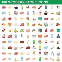 100 tienda de comestibles, conjunto de iconos de estilo de dibujos animados vector
