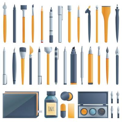 Calligraphy tools icons set, cartoon style