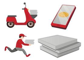 Pizza delivery icons set, cartoon style vector