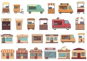 iconos de café callejero establecen vector de dibujos animados. coche furgoneta