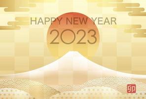 2023, The Year Of The Rabbit, Greeting Card Template With Snow-Covered Mount Fuji Decorated With Japanese Vintage Patterns.  Kanji Text Translation - The Rabbit. vector