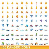 100 danger icons set, cartoon style vector