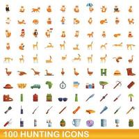 100 iconos de caza, estilo de dibujos animados vector