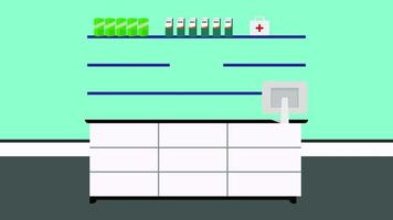 Pharmacist on a front desk waving his hand 4K animation. A pharmacist inside a pharmacy waving hand-animated footage. Doctor flat character inside a pharmacy with medicine and computer animation.