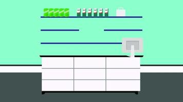 Pharmacist on a front desk waving his hand 4K animation. A pharmacist inside a pharmacy waving hand-animated footage. Doctor flat character inside a pharmacy with medicine and computer animation.