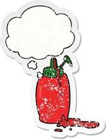 cartoon ketchup bottle and thought bubble as a distressed worn sticker vector