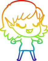 rainbow gradient line drawing happy cartoon elf girl vector