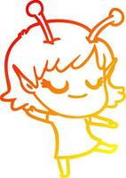 warm gradient line drawing smiling alien girl cartoon vector