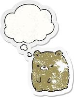 cartoon sad bear and thought bubble as a distressed worn sticker vector