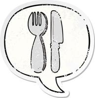 cartoon knife and fork and speech bubble distressed sticker vector