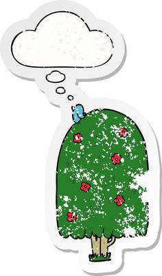 cartoon tall tree and thought bubble as a distressed worn sticker