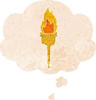 cartoon flaming torch and thought bubble in retro textured style vector