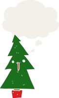 cartoon christmas tree and thought bubble in retro style vector