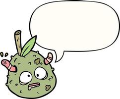 cartoon rotting old pear and worm and speech bubble vector