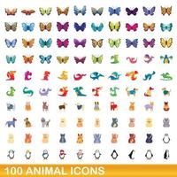 100 animales, conjunto de iconos de estilo de dibujos animados vector