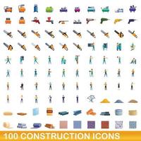 100 construction icons set, cartoon style vector