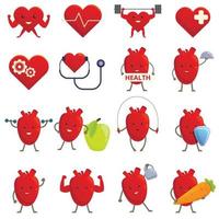 Healthy heart icons set, cartoon style vector