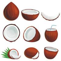 Coconut icons set, cartoon style vector