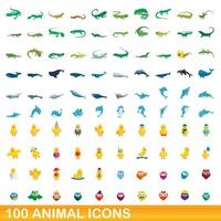 100 animales, conjunto de iconos de estilo de dibujos animados vector