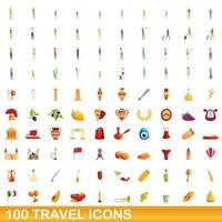 100 iconos de viaje, estilo de dibujos animados vector